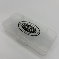 Clear plastic case with a black logo on a white background