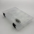 Clear plastic container with a black logo on a white background