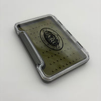 Clear plastic container with geometric pattern on a white background