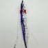 Transparent fishing lure with blue and red patterns on a white background