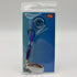 A packaged fishing lure with a blue and purple body, clear wings, a silver spoon, and a black hook, shown in its retail blister pack against a light gray background.